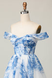 Flor azul branca fora do ombro uma linha vestido curto Homecoming