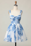 Flor azul branca fora do ombro uma linha vestido curto Homecoming