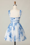 Flor azul branca fora do ombro uma linha vestido curto Homecoming