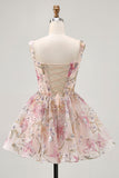 Sparkly Floral A-line Square Neck Sequins Vestido Curto Homecoming com renda para trás