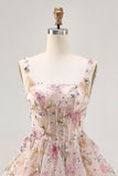 Sparkly Floral A-line Square Neck Sequins Vestido Curto Homecoming com renda para trás
