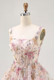 Sparkly Floral A-line Square Neck Sequins Vestido Curto Homecoming com renda para trás