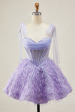 Lilás A-Line Esparguete Correias Corset frisado Vestido Curto Homecoming com Penas