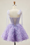 Lilás A-Line Esparguete Correias Corset frisado Vestido Curto Homecoming com Penas