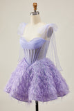 Lilás A-Line Esparguete Correias Corset frisado Vestido Curto Homecoming com Penas