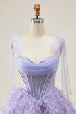 Lilás A-Line Esparguete Correias Corset frisado Vestido Curto Homecoming com Penas