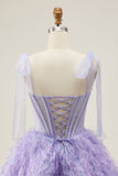 Lilás A-Line Esparguete Correias Corset frisado Vestido Curto Homecoming com Penas