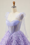 Lilás A-Line Esparguete Correias Corset frisado Vestido Curto Homecoming com Penas