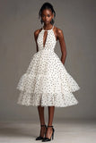 Vestido Verão Curto/Mini Ponto Preto Branco Linha-A Cabeçada
