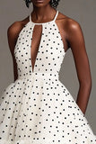 Vestido Verão Curto/Mini Ponto Preto Branco Linha-A Cabeçada