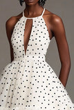 Vestido Verão Curto/Mini Ponto Preto Branco Linha-A Cabeçada