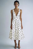 Vestido Verão Decote em V Ponto Preto Branco Midi Linha-A