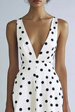 Vestido Verão Decote em V Ponto Preto Branco Midi Linha-A