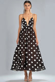 Vestido Verão Café Branco Dot Midi Alças Finas Chiffon