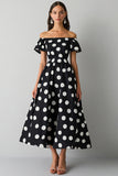 Vestido Verão Fora do Ombro Ponto Branco Preto Midi