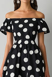 Vestido Verão Fora do Ombro Ponto Branco Preto Midi