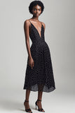 Vestido Verão Decote em V Ponto Branco Preto Midi Linha-A