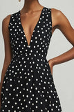 Vestido Verão Decote em V Linha-A Chiffon Midi Ponto Branco Preto