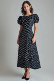Vestido Verão Pescoço Redondo Mangas Curtas Midi Ponto Branco Preto