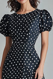 Vestido Verão Pescoço Redondo Mangas Curtas Midi Ponto Branco Preto