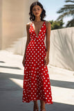 Vestido Verão Decote em V Linha-A Midi Ponto Branco Vermelho Chiffon