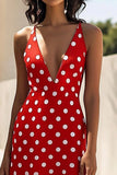 Vestido Verão Decote em V Linha-A Midi Ponto Branco Vermelho Chiffon