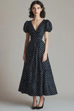 Vestido Verão Decote em V Longo Ponto Branco Preto Linha-A