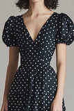 Vestido Verão Decote em V Longo Ponto Branco Preto Linha-A