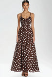 Vestido Verão Alças Finas Linha-A Longo Chiffon Café Branco Dot