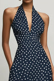 Vestido Verão com Fenda Linha-A Cabeçada Longo Ponto Branco Marinha