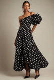 Vestido Verão Linha-A Um Ombro Longo Ponto Branco Preto