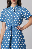 Vestido Verão Mangas Curtas Midi Ponto Branco Azul Linha-A