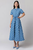 Vestido Verão Mangas Curtas Midi Ponto Branco Azul Linha-A