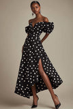 Vestido Verão com Fenda Fora do Ombro Linha-A Midi Ponto Branco Preto