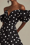 Vestido Verão com Fenda Fora do Ombro Linha-A Midi Ponto Branco Preto
