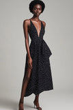 Vestido Verão com Fenda Decote em V Midi Linha-A Ponto Branco Preto