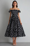 Vestido Verão Fora do Ombro Midi Linha-A Ponto Branco Preto