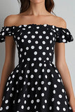 Vestido Verão Fora do Ombro Midi Linha-A Ponto Branco Preto