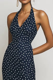 Vestido Verão Cabeçada Bainha Longo Ponto Branco Marinha