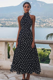 Vestido Verão Pescoço Alto Longo Linha-A Ponto Branco Preto