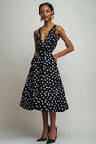 Vestido Verão Decote em V Ponto Branco Preto Midi Sem Mangas
