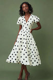 Vestido Verão Decote em V Midi Ponto Preto Branco