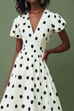 Vestido Verão Decote em V Midi Ponto Preto Branco