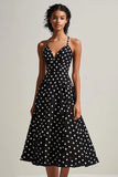 Vestido Verão Linha-A Midi Ponto Branco Preto Alças Finas
