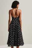 Vestido Verão Linha-A Midi Ponto Branco Preto Alças Finas