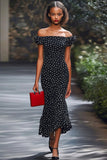 Vestido Verão Sereia Fora O Ombro Longo Ponto Branco Preto