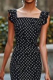Vestido Verão Pescoço Quadrado Sereia Midi Ponto Branco Preto
