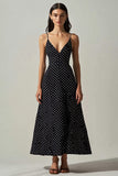 Vestido Verão Decote em V Longo Ponto Branco Preto Linha-A