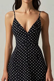 Vestido Verão Decote em V Longo Ponto Branco Preto Linha-A