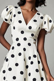 Vestido Verão Linha-A Decote em V Curto Ponto Preto Branco
